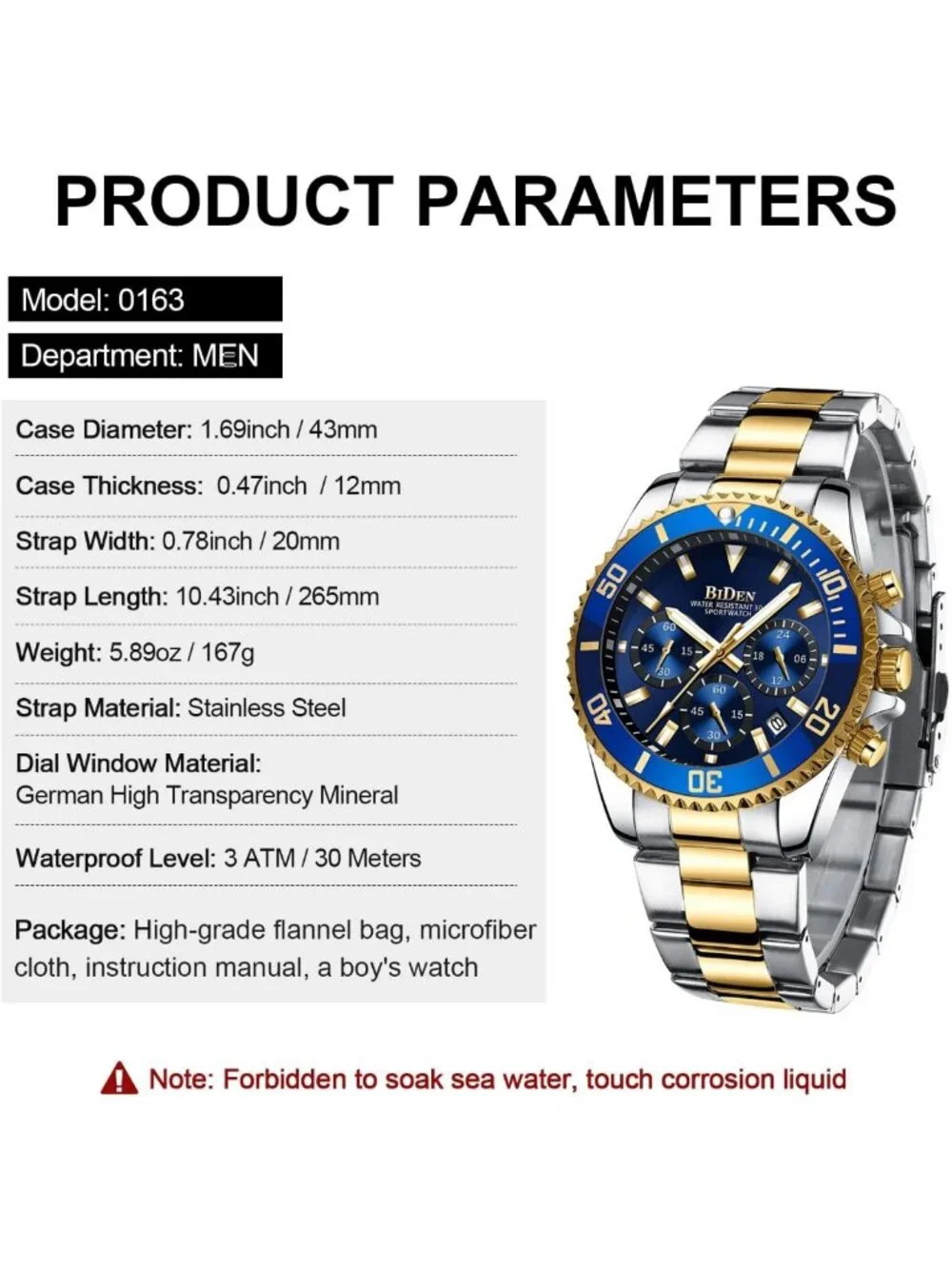 Stylish Men's Chronograph Watch - Gold & Blue Stainless Steel, Waterproof, Date
